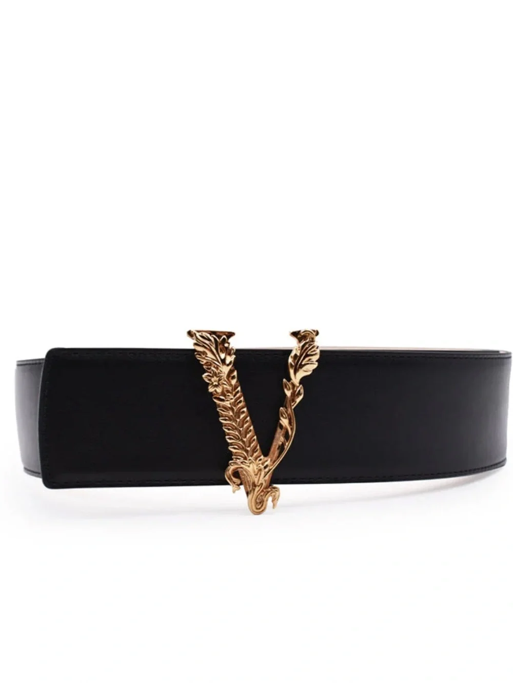 Versace Virtus Black Leather Belt with Gold Buckle